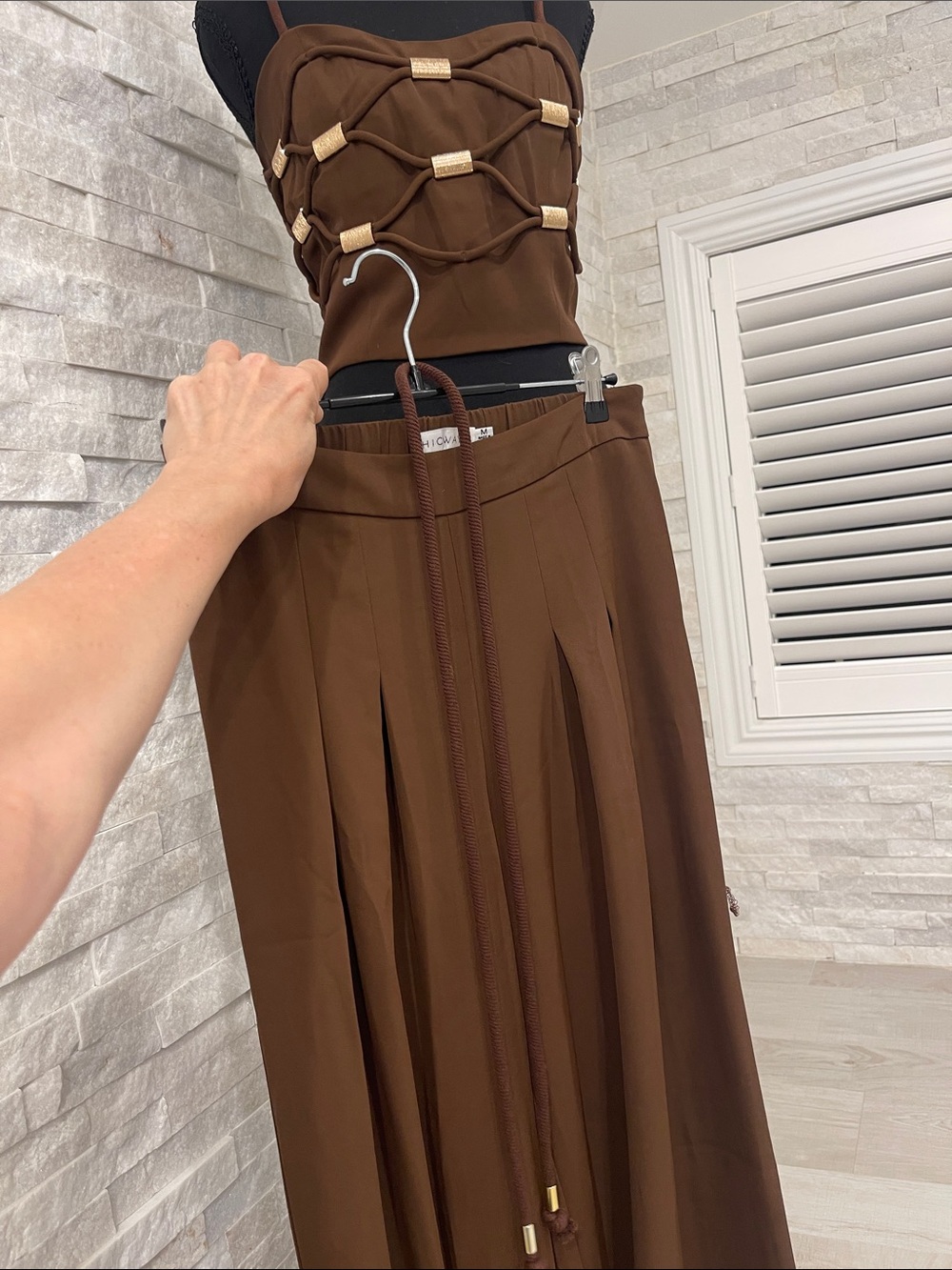 2 Piece Pleated Pants Set in Brown.  Top with ruching, gold hardware.